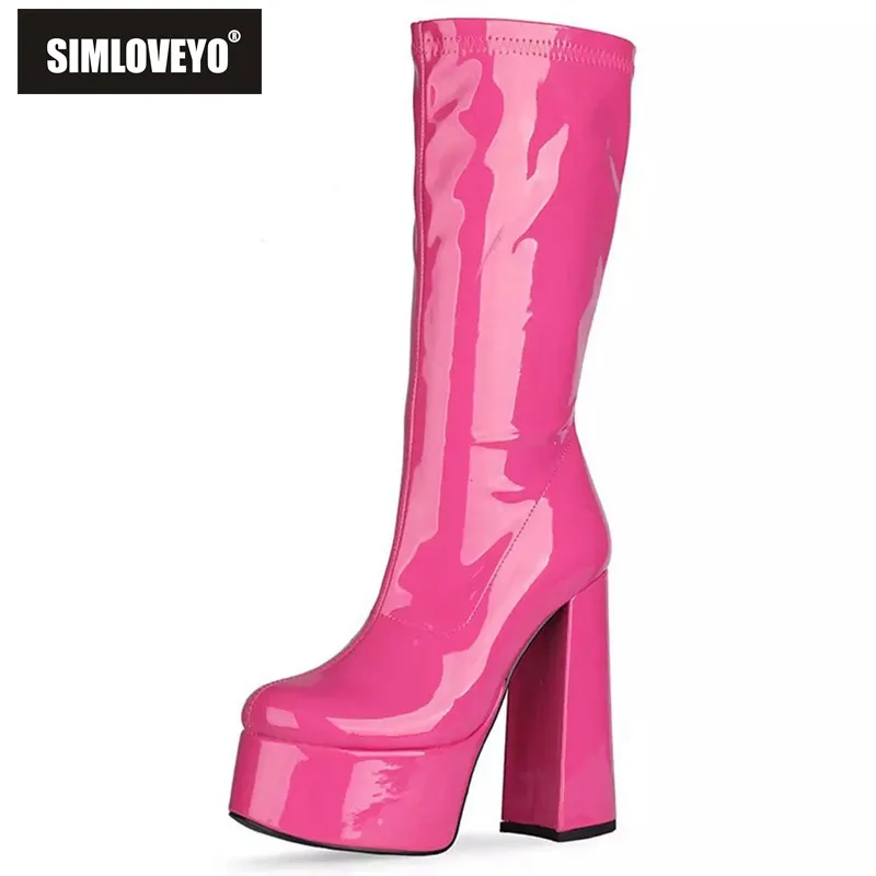 SIMLOVEYO Brand Platform Block High Heels Patent Leather Mid Calf Boots Color Big Size 43