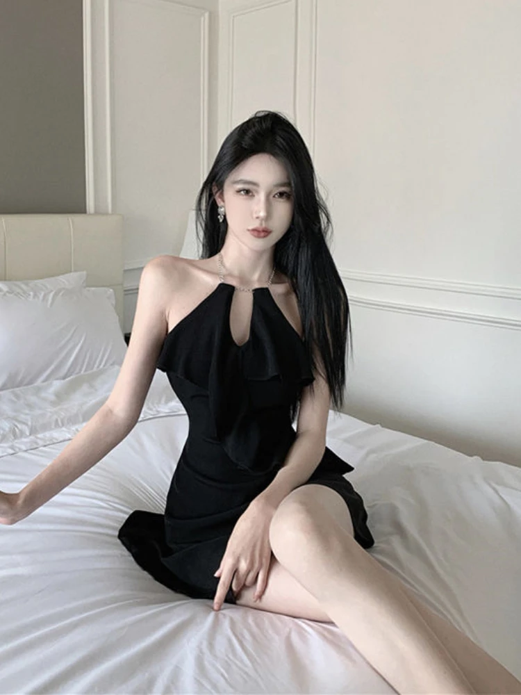 Halter Mini Dress Women Backless Sexy Clubwear Ruffles Slim Aesthetic Trendy Designed Summer French Style Off-shoulder Vestidos