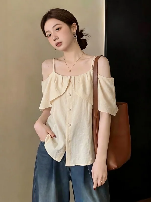 

Ladies Summer New Style Big Size Micro Fat Beautiful Top Women's Short Sleeve One Shoulder Shirt with Lace Commute Style...
