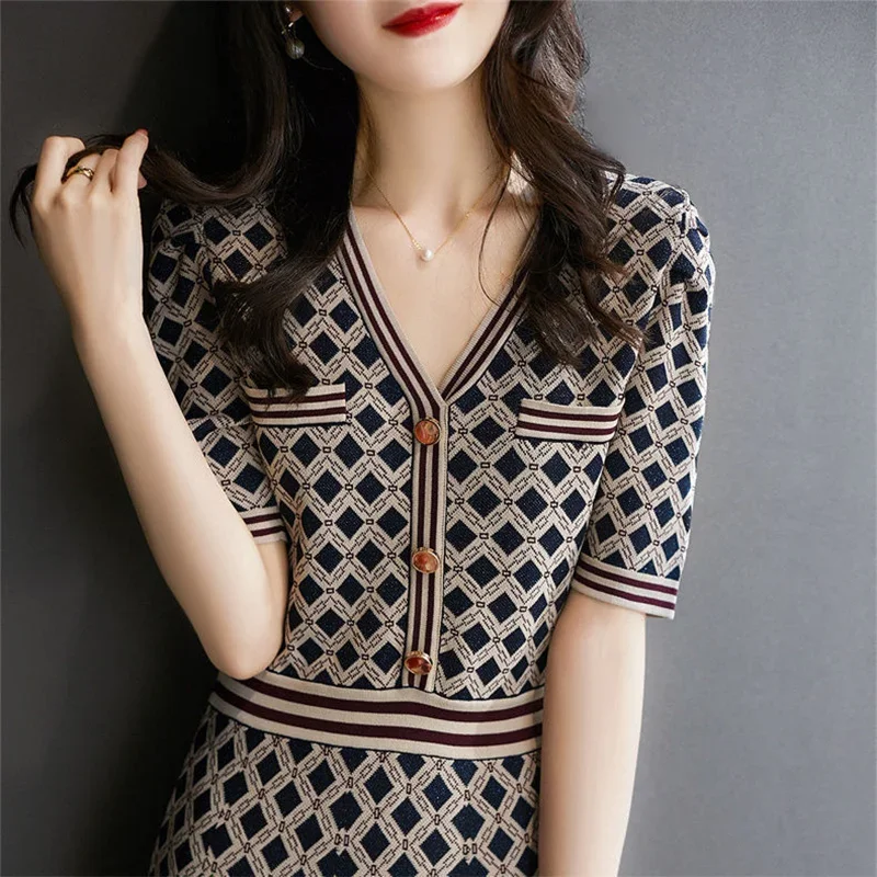 Summer New Elegant Fashion Diamond Printed Knitting Dress Female V-neck Waist Vintage Robe Women Temperament Vestidos De Fiesta