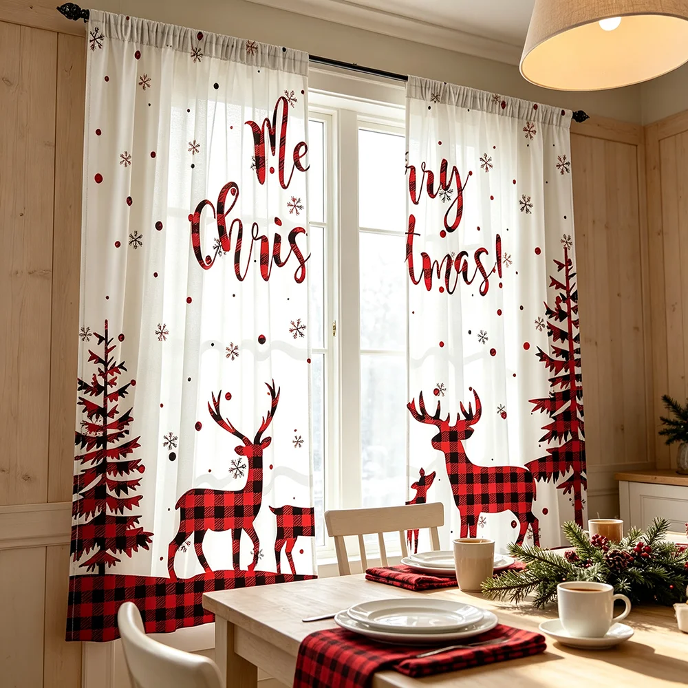Christmas Reindeer Plaid Merry Xmas Curtains, Rod Pocket, Polyester, Home Decor, Bedroom Living Room, Rustic Home Decor
