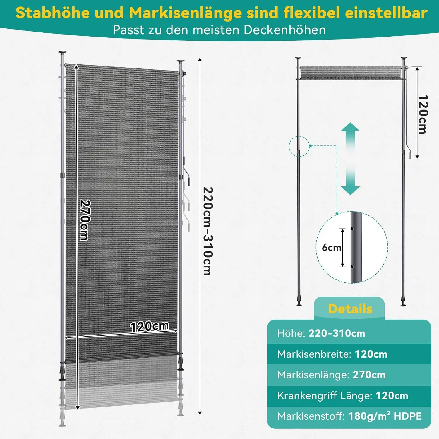 HDPE Klembevestigbare Verticale Luifel Buitenzonwering Hoog 270cm Balkon Privacy Scherm Zonder Boren Uitschuifbare Zijluifel