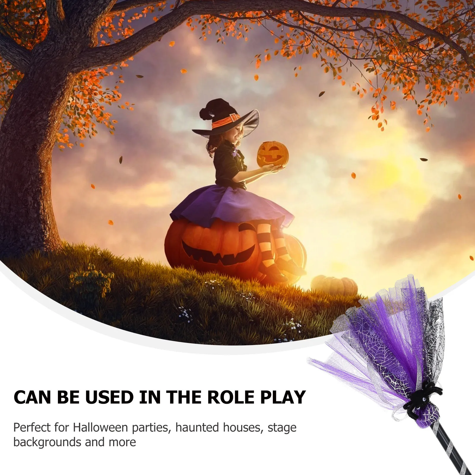 1Pcs Witch Broom Halloween Prop Exquisite Craftsmanship Strong Stability Wear-Resistant Broom Ornament for Fancy Dress Parties