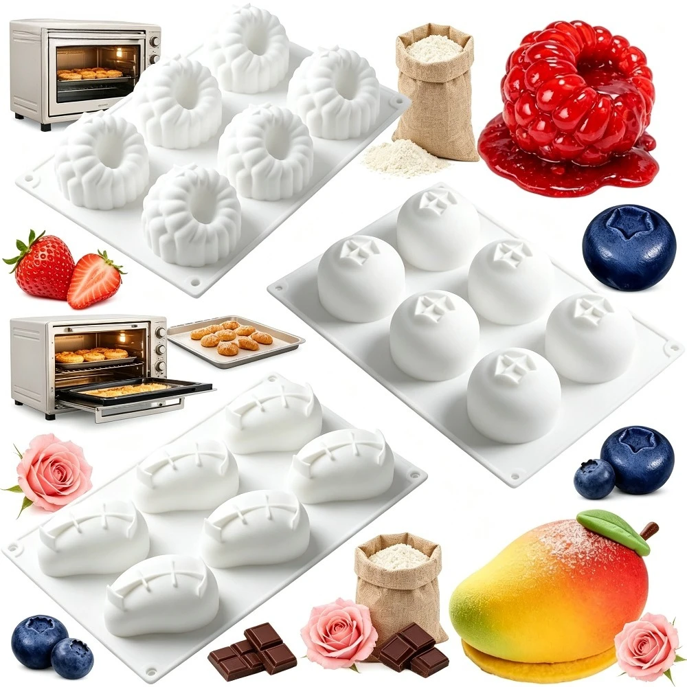 3Pcs 6 Cavity Fruit Molds Silicone, Blueberry Raspberry Mango Silicone Mould, Non-Stick Mousse Mould Cake Mould Baking Tool