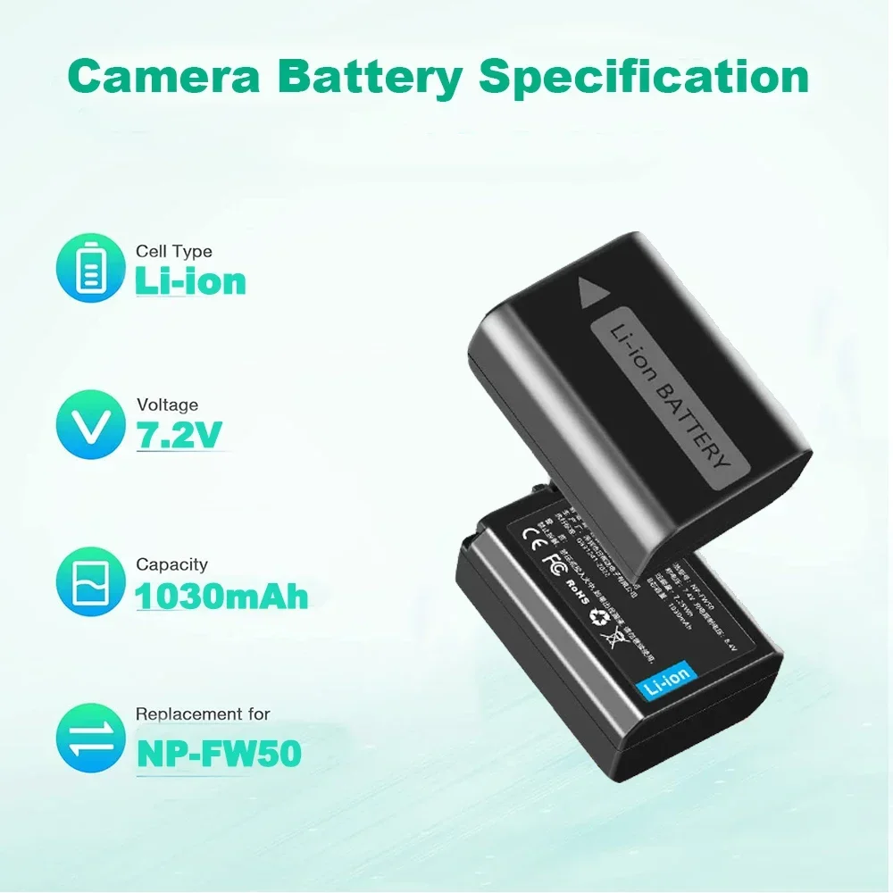 NP-FW50 Battery for Sony Camera A5100 A6000 A6100 A6300 A6400 A6500 A7II A7RII A7SII NEX-3 5 7 ZV-E10 RX10 NPFW50 Dual Charger view 2