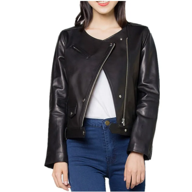 Ölwachs-Schaffell-Lederjacke für Damen, Rundhalsausschnitt, schmales und dünnes Lederöl