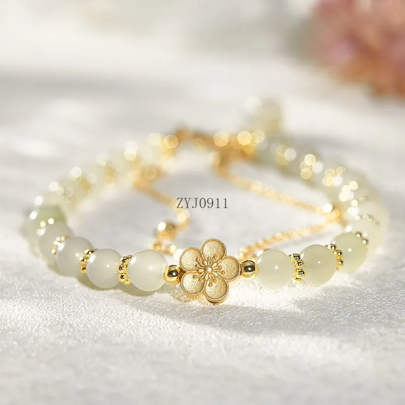 * 여성용 천연 헤티안 옥, 작은 복숭아 꽃, 더블 팔찌, 로맨틱 꽃, 신선한 비즈 팔찌, 웨딩 쥬얼리, 신제품