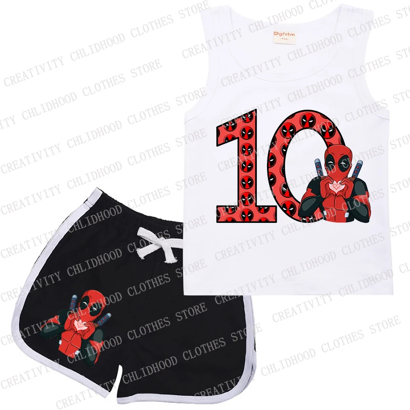 Summer Children Sports Suit Deadpool Birthday Number 1-14 Kid Vest & Shorts Cartoons Casual Clothes Sleeveless for Girl Boy Sets