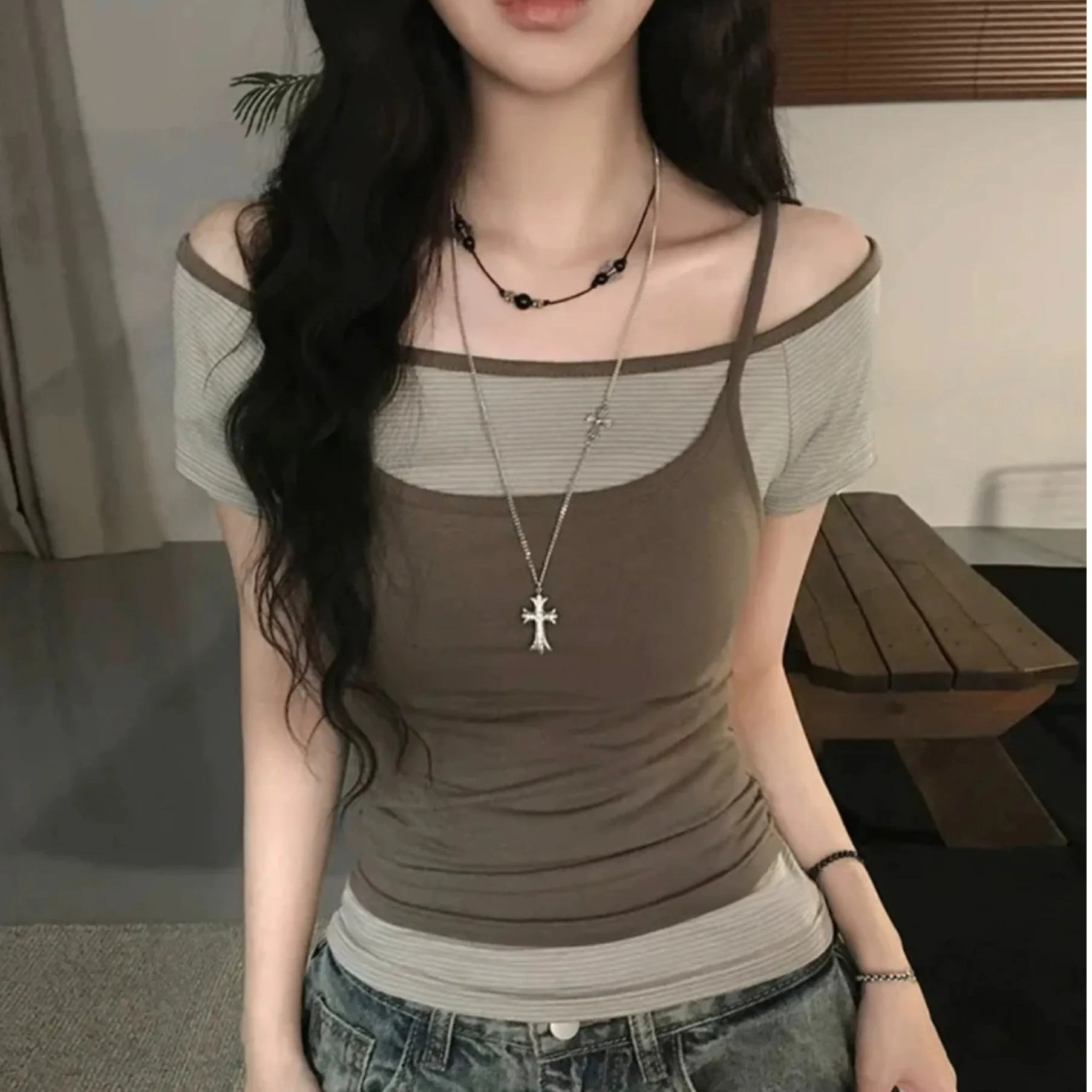 Slim Fit Striped Short Sleeve T-Shirt Women's Summer Top Casual Breathable Cotton Classic Pattern Layering Vest Two Piece Set