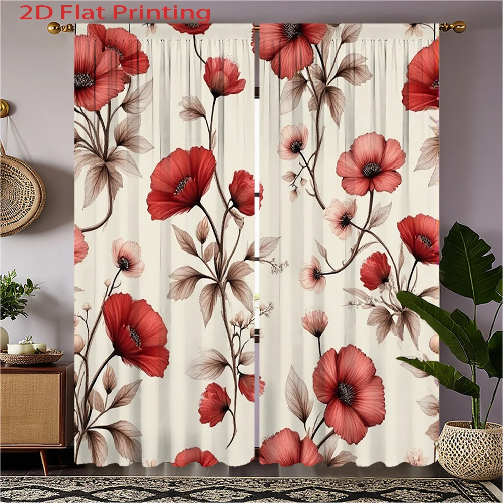 1pc Red poppy pattern curtains, made of polyester, machine washable, suitable for bedroom and living room décor.