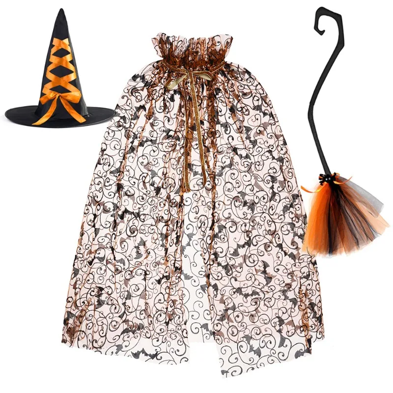 Halloween Spider Web Tulle Cloak Set Witch Hat Broomstick Kids Outfit Party Dress Up Holiday Stage Performance Photo Prop Decor