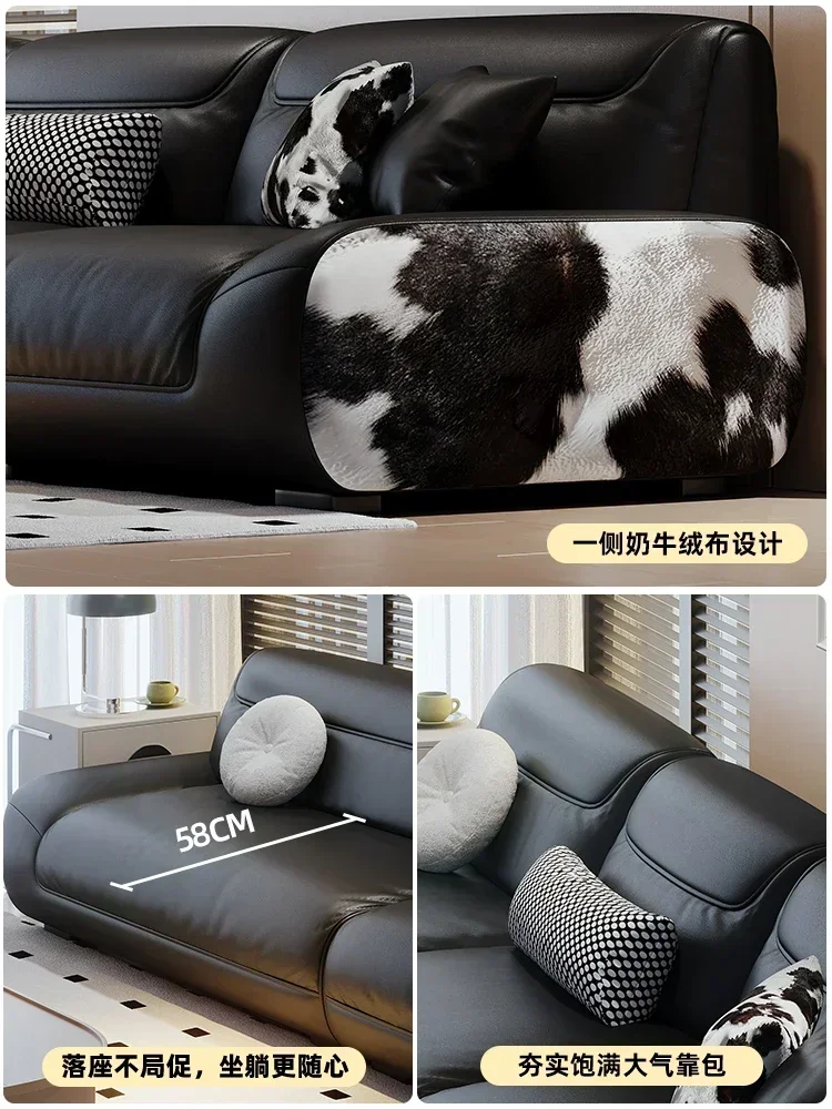 TAO First Layer Cowhide Black Creative Living Room Straight Row Big Black Cow Leather Sofa