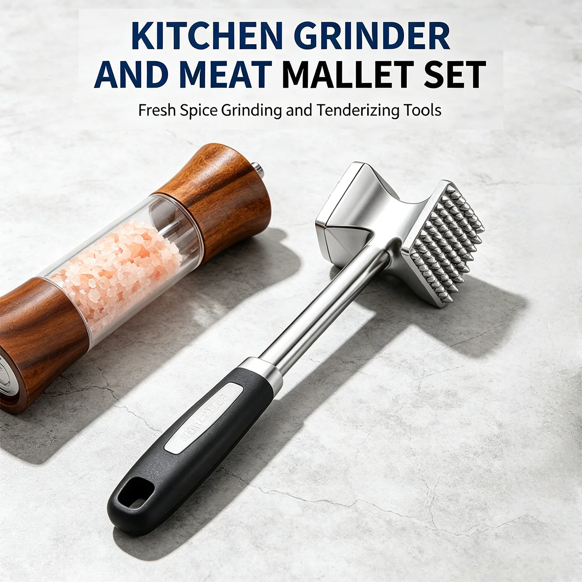 2Pcs Set,Pepper Grinder Mill forPepper, Sea Salt, Sesame & Peppercorns And Stainless Steel Meat Mallet