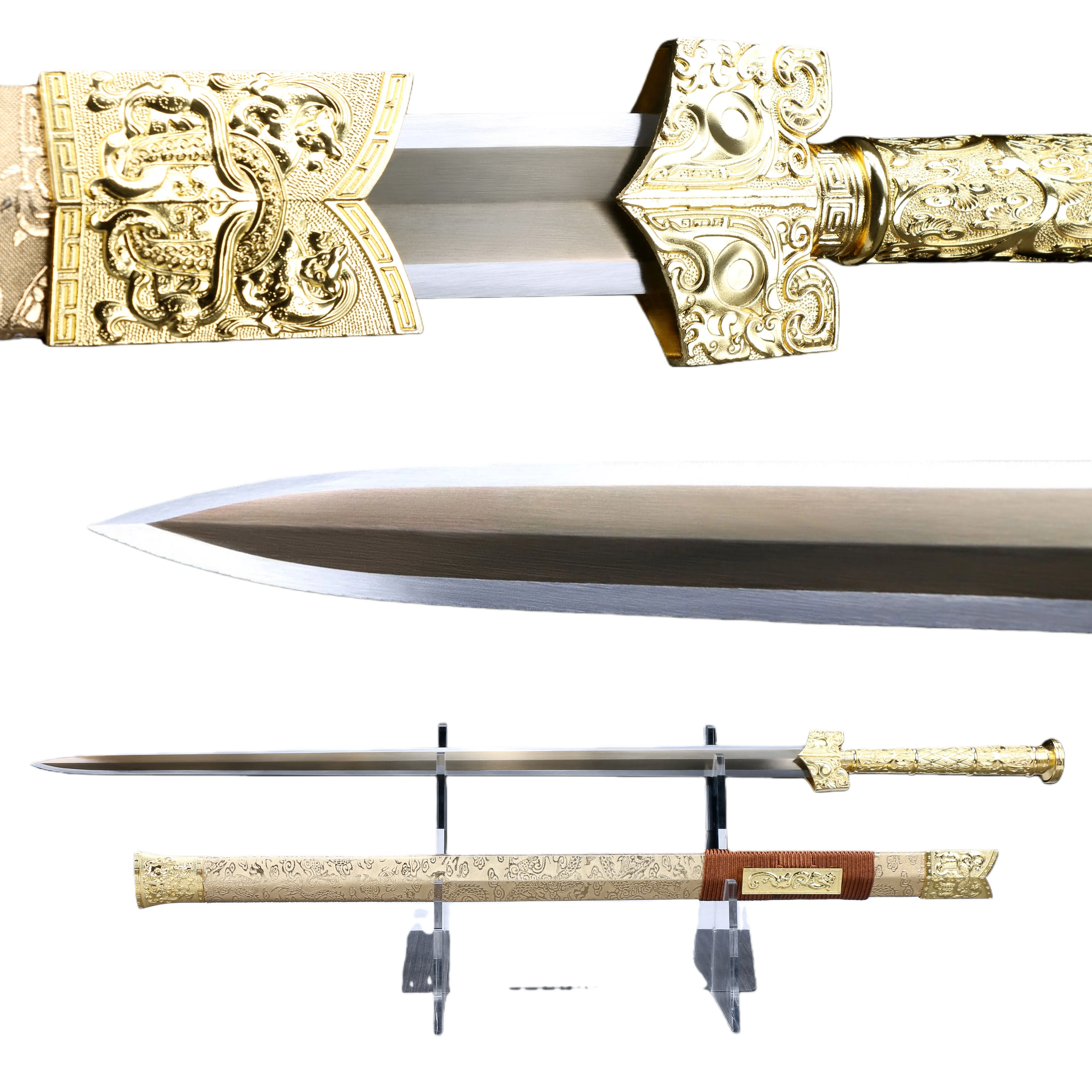 

108 см китайский золотой самурайский меч, острое лезвие, полная ручка Катана, готовая к бою, косплей средневекового королевского рыцаря
