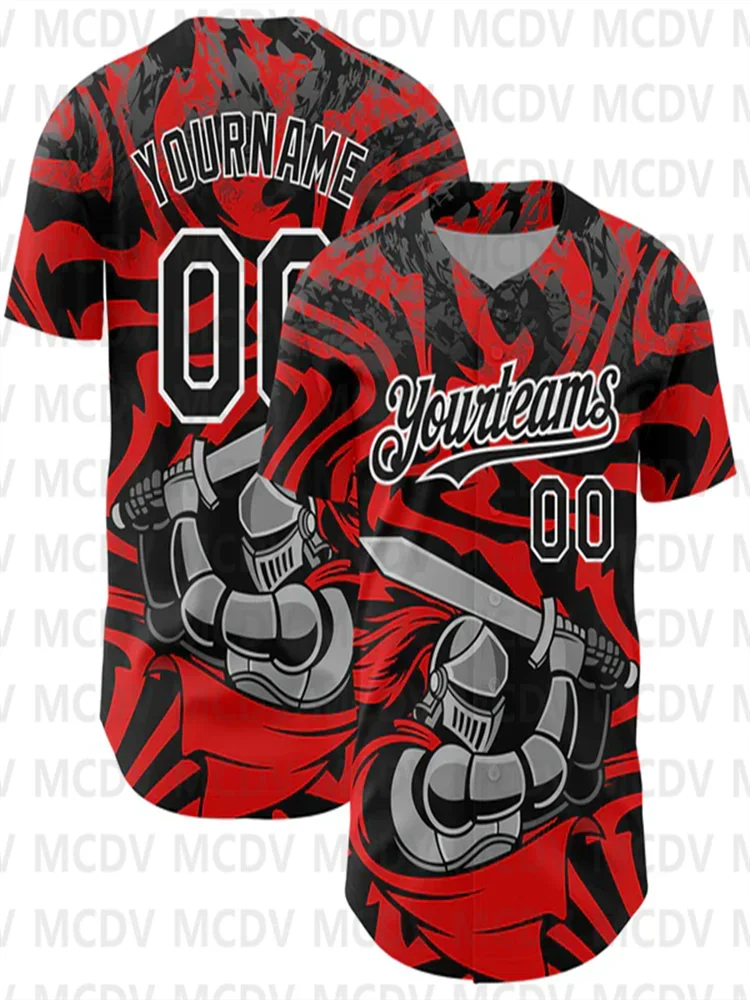 

Custom Black Red-White 3D Pattern Design Knight Hero Art Authentic Baseball Jersey