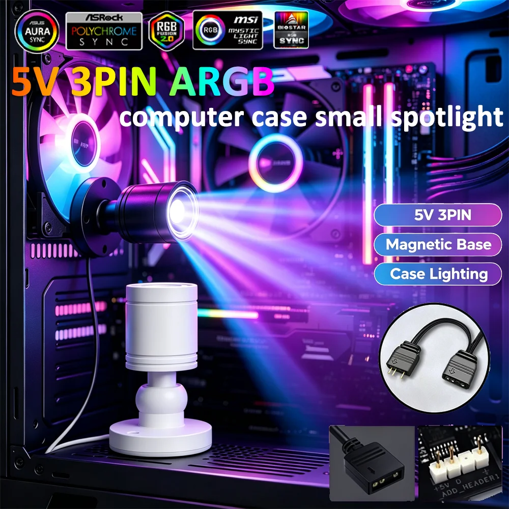ARGB Mini Spot Light Figure Display 5V 3-Pin Motherboard Aura Sync for Gaming Desk PC Case Adjustable Angle Accent Lighting 3W