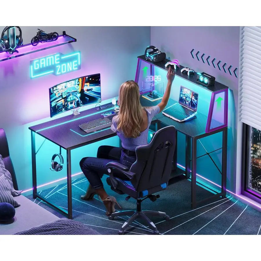 45 Inch L Shaped Gaming Desk with Power Outlet amp LED Lights, Computer Table with Corner Desktop Showcase for CPU Stand, Displ
