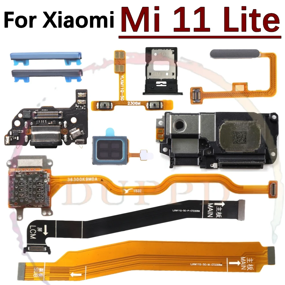 Earpiece LoudSpeaker Charging Port Board For Xiaomi Mi 11 Lite 4G/5G Volume Button Fingerprint Sensor SIM Motherboard Flex Cable