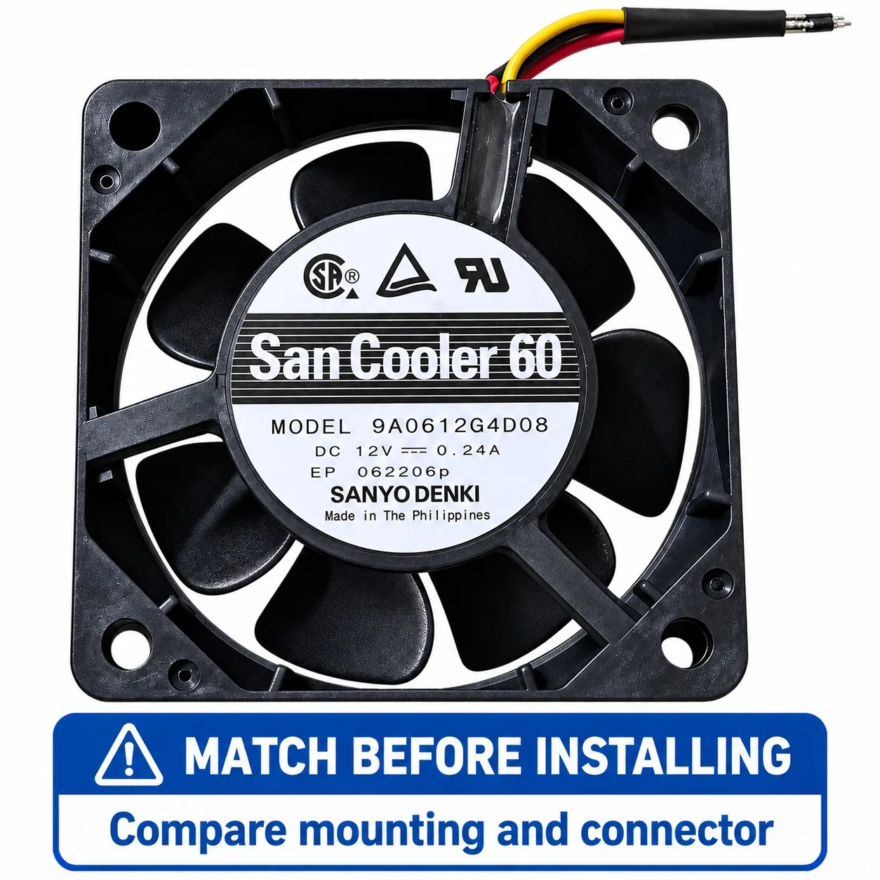 9A0612G4D08 DC Cooling Fan 60x60x25mm 6025 12V 0.24A Tachometer 3-Wire