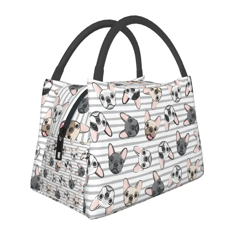 Custom Grey Stripes Cute French Bulldogs Insulated Lunch Bags for Frenchies Pet Dog Resuable Thermal Cooler Bento Box Camping