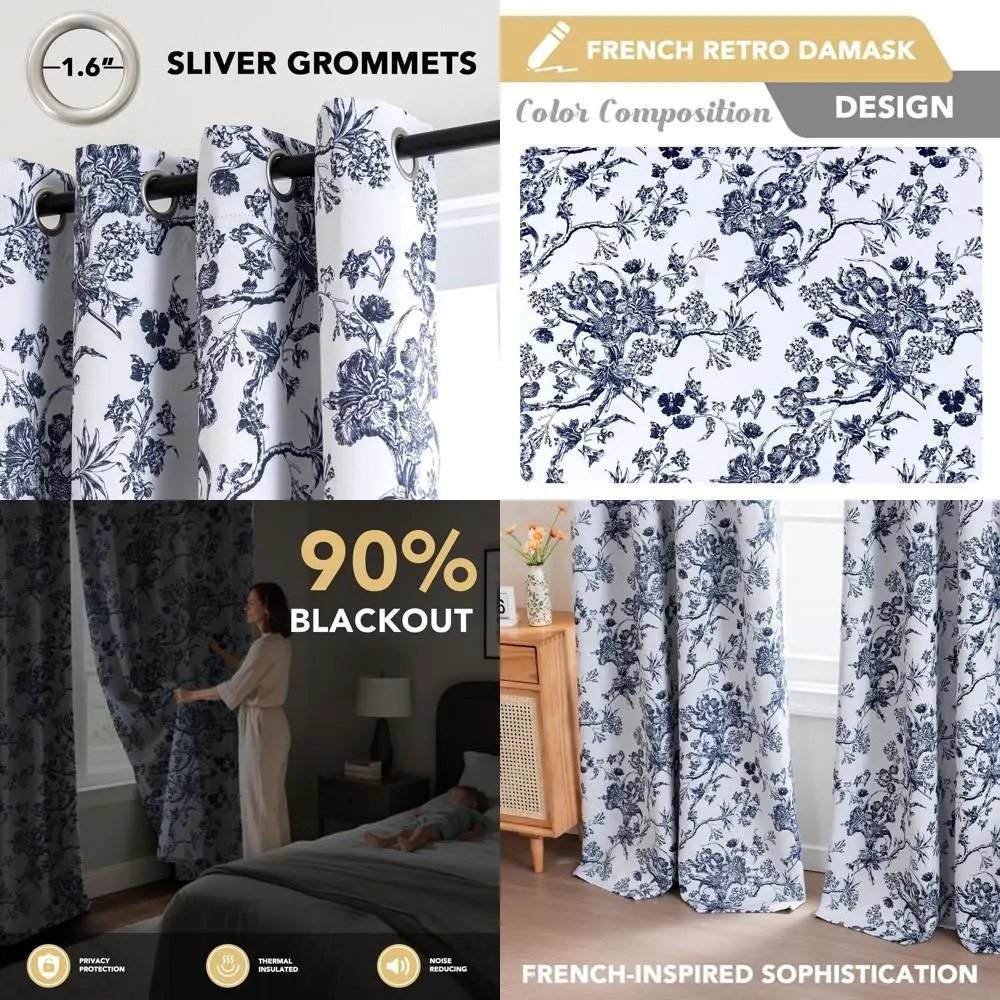 Ensemble de 96 rideaux à œillets floraux, style ferme, style Boho vintage marine, assombrissement de la pièce pour le salon (2 panneaux)