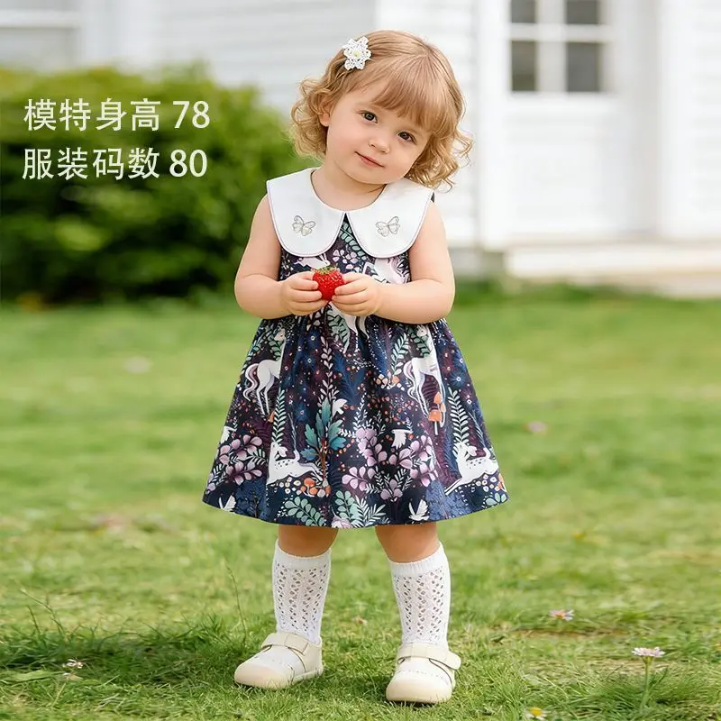 

Girls Unicorn & Forest Print Sleeveless Dress, Peter Pan Collar with Butterfly Embroidery, Cute A-Line Sundress for Little Girls
