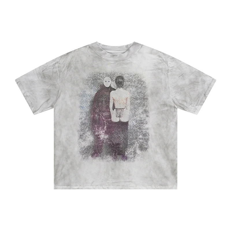 

High Street Vintage Tie-dye Graffiti Kanye West T-Shirt Letters Printing Men Women Loose Cotton Casual T Shirt Tops