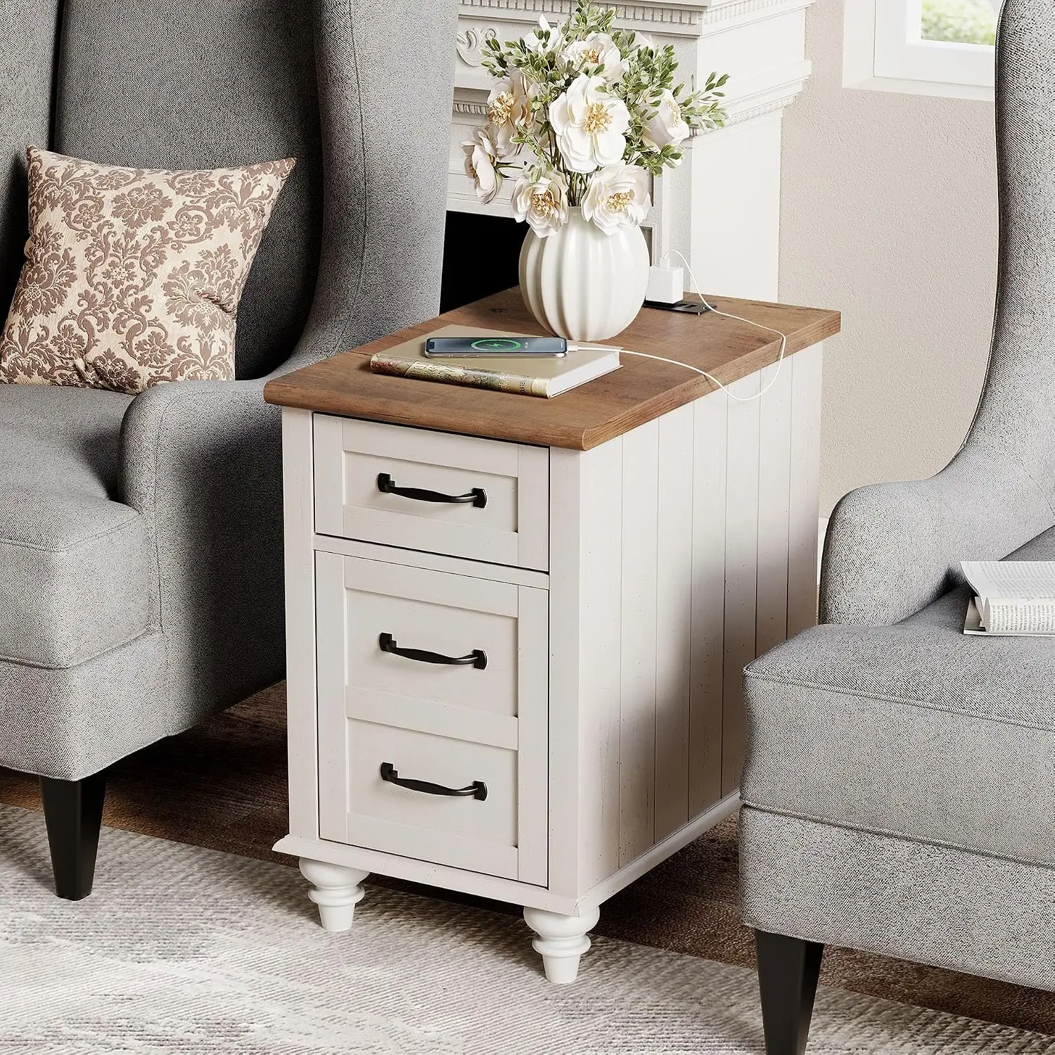 End Table with Charging Station, White Side Table with Storage Cabinet and Drawer, Wood Nightstand with Power Outlets & USB