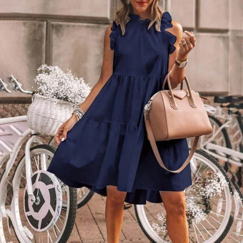 Summer Casual Ruffle Collar White Loose Beach Women\'s Dress Casual Bohemian Sleeveless Large Hem Solid Round Neck Long Dress