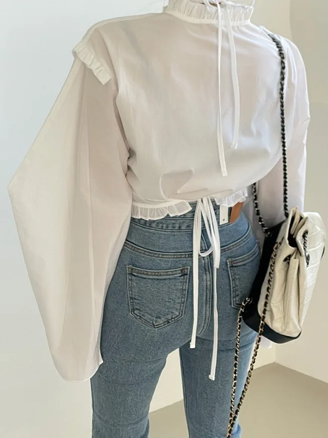 Ele Long Sve irt Stehkragen Overlap Netie Set Wood ain Spring Faion Damen T-Shirt Chinesische Marke