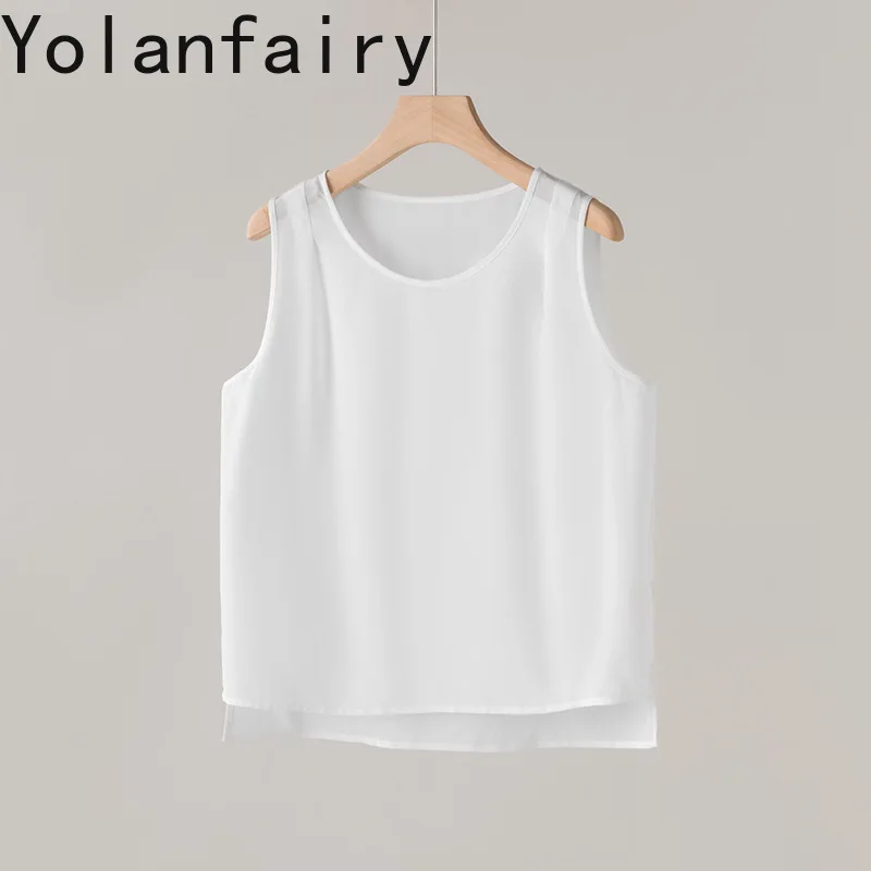 YOLANFAIRY High Quality 100%Real Mulberry Silk T Shirts Woman Clothing Summer 2026 O-neck Sleeveless T Shirt Tank Tops Tee Shirt