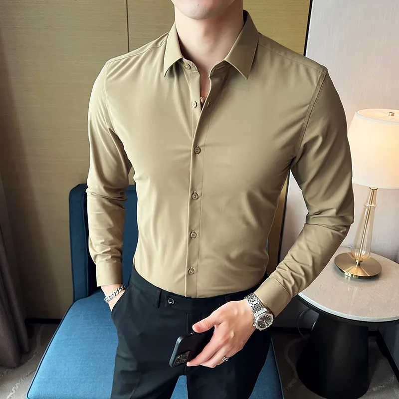 

6 Colors High Quality Men Solid Shirt 2023 Simple Fashion Long Sleeve Business Slim Fit Shirts Social Casual Party Costume