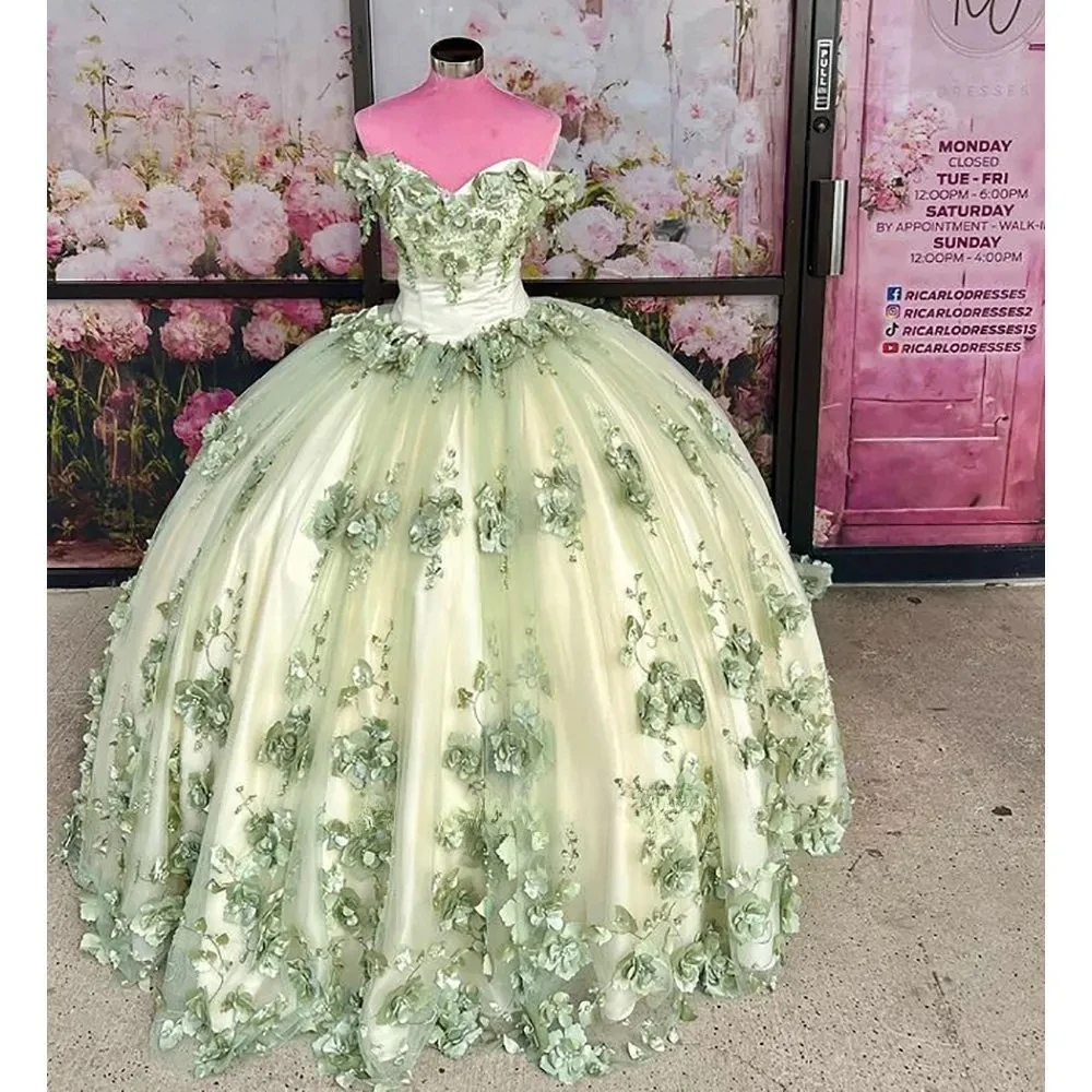 Vestido de quinceañera de princesa verde salvia, vestido de baile con hombros descubiertos, Floral, perlas, dulce 16, 15 Años, personalizado