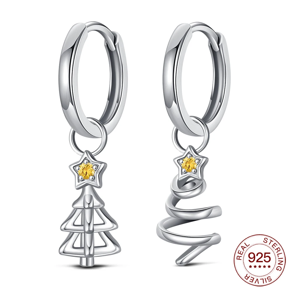 

New 925 Sterling Silver Christmas Tree Hoop Earrings Hypoallergenic Earrings Asymmetric Holiday Jewelry Gift For Women