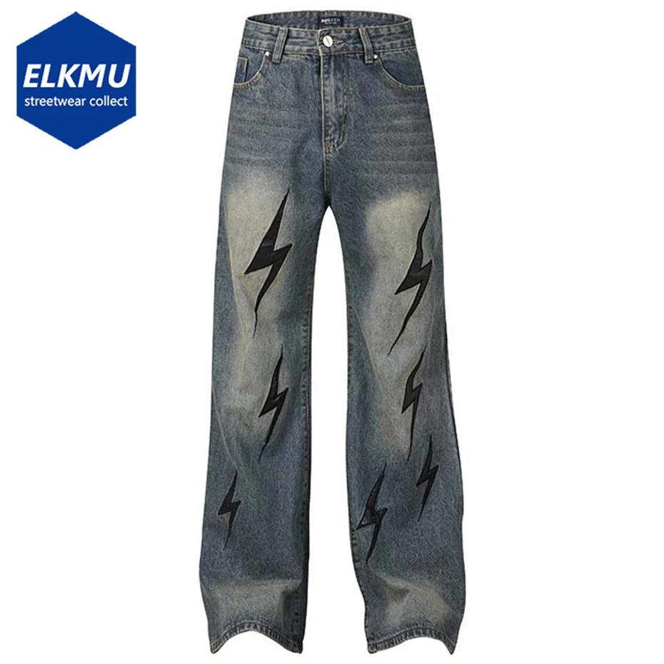 

Lightning Patchwork Vintage Baggy Jeans Men's Loose Straight Denim Pants Streetwear Hip Hop Jeans