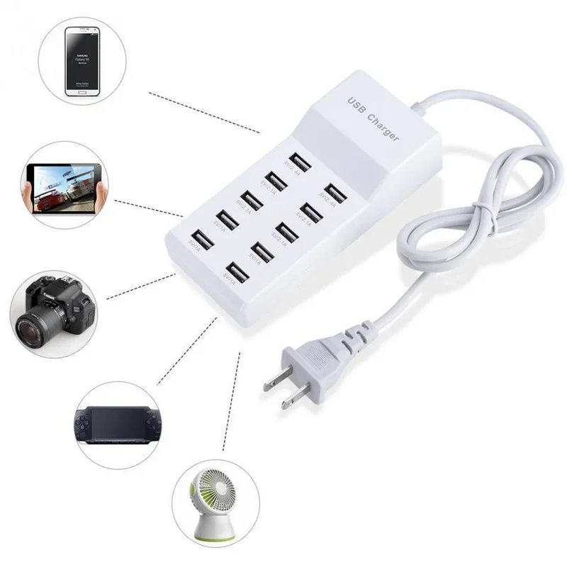 10 Port 10A US EU UK Plug Multiple Wall USB Charger Smart Adapter Mobile Phone Tablet Charging Device for IPhone Samsung