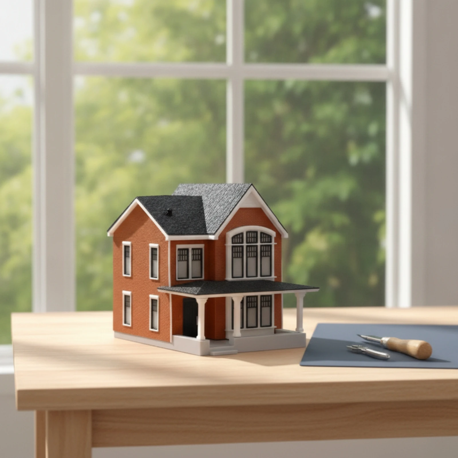 Miniature Villa with Porch Brick-Textured 1:64 Scale House Diorama House Two-Story Unlit for Collectors, Dioramas