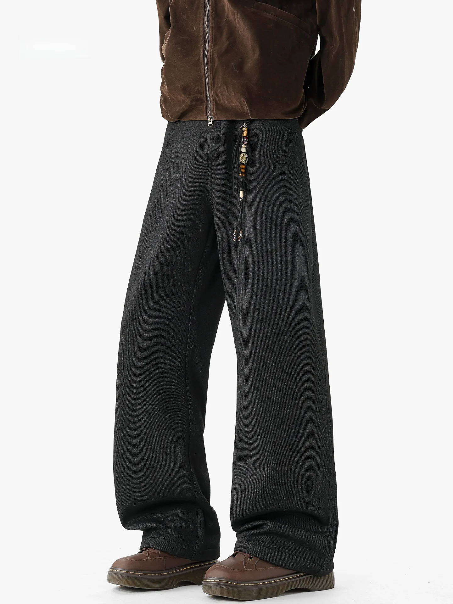 

Thiened Fce Men's Casual Pants Bla Warm Wide Leg Straight Cut Winter Faionable All-Match Comfortable Leisure Trousers