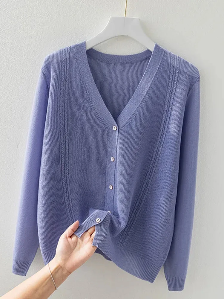 Hollow Out Knit Ice Silk Loose Cardigan Long Sleeve Outwear Spring Tops Korean Casual Elegant Coat Knitwear V-neck New Jackets