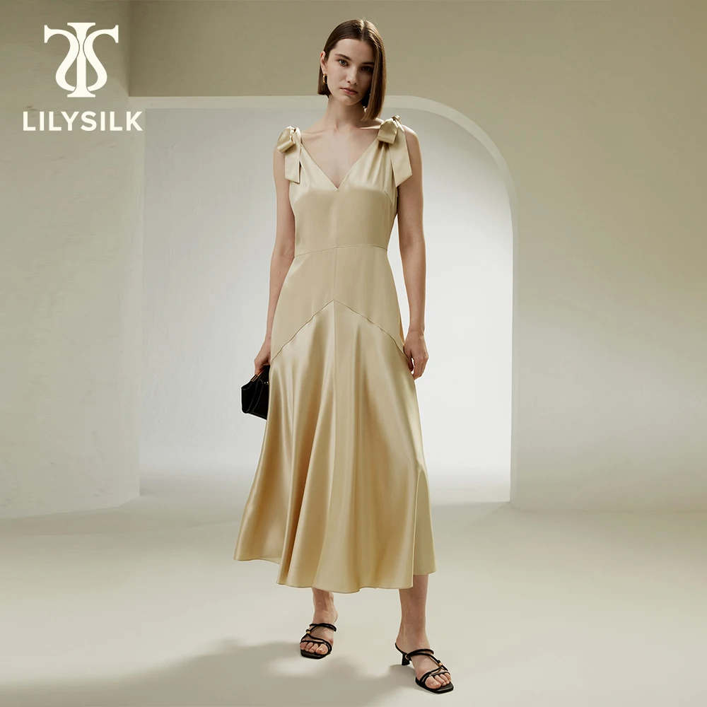 

LILYSILK Silk Party Dress for Women 19 Momme New Cut-Out Ultra-Shiny Bow Tied Maxi Robe Sexy Evening Clothing Free Shipping