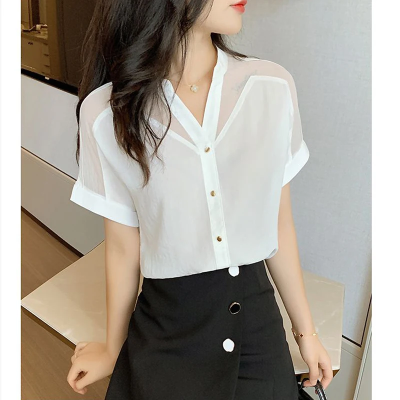 Frühling Herbst lässig Mode Mesh Patchwork Kurzarmhemd Dame einfarbig V-Ausschnitt Chiffon Bluse Frauen elegante Knöpfe Top