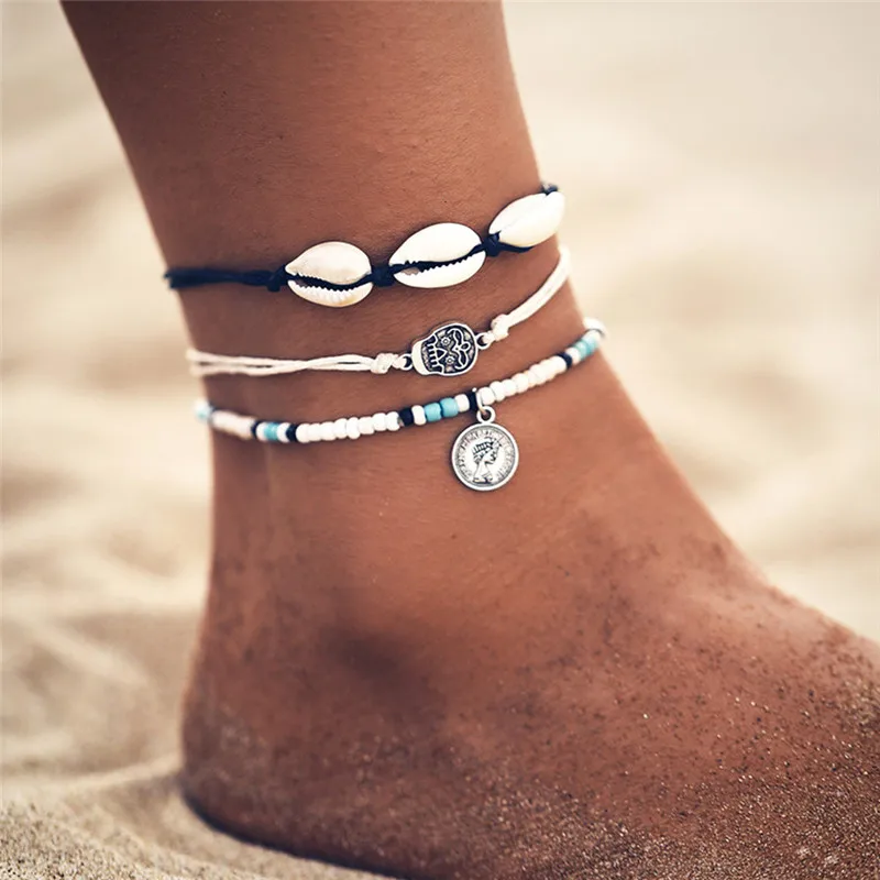 Huitan Boho Set Anklets for Women Retro Skull Shell Charm Barefoot on Leg Chain Bracelet Accessories Unique Girls Foot Jewelry