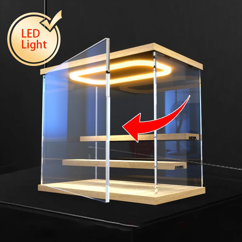 Clear Acrylic Action Figures Display Case with Floating Steps, Collectibles Display Box with Ring LED Lights and Revolving Door