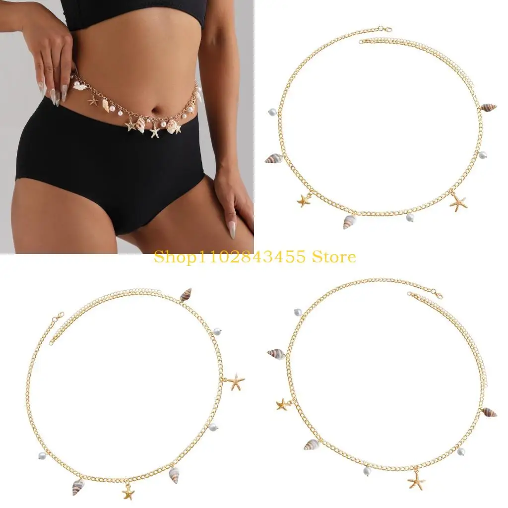 49MC Ocean Theme Waist Chain With Sea Star Shell Pearls Decors Belly Chain Jewelry