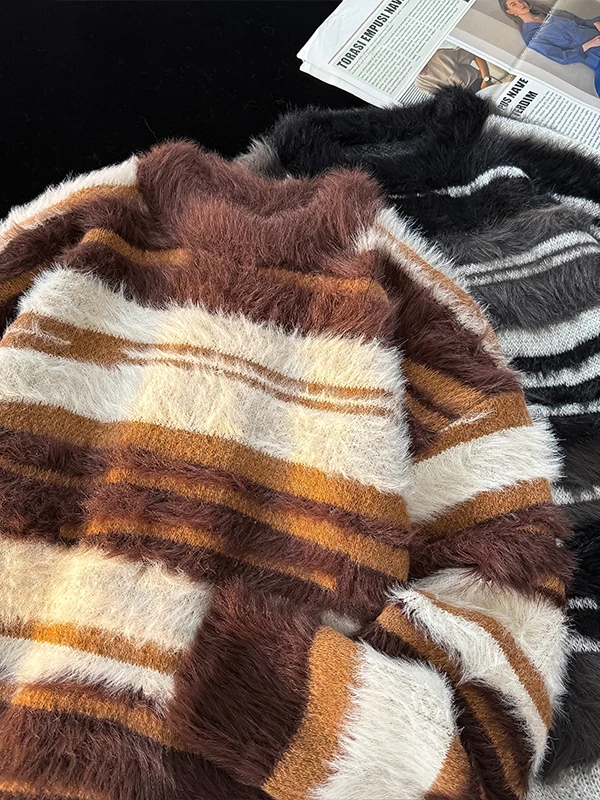 

Мужской вязаный свитер в японском ретро-стиле, зимний, теплый, повседневный, с круглым вырезом, свободного кроя, в стиле оверсайз, с длинными рукавами