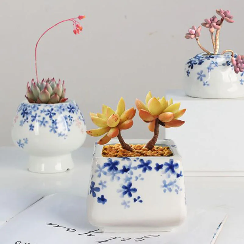 Porcelain Blue Sakura Patttern Fleshy Plant Pot Desktop Balcony Ornament Flowerpot Vase Home Garden Decor