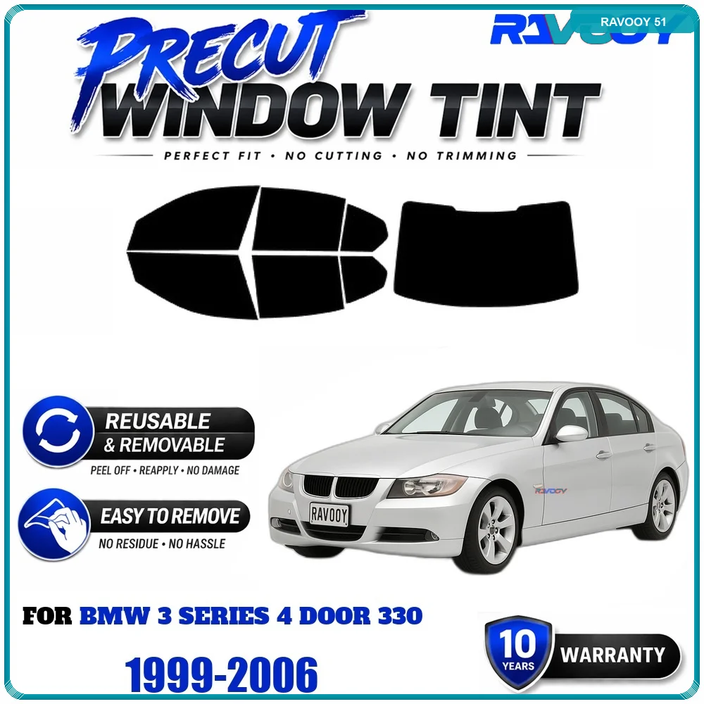 RAVOOY Precut Window Tint, Reusable Removable EPU Film, Custom Fit for Bmw 3 Series 4 Door 330 1999-2006, UV Heat Protection