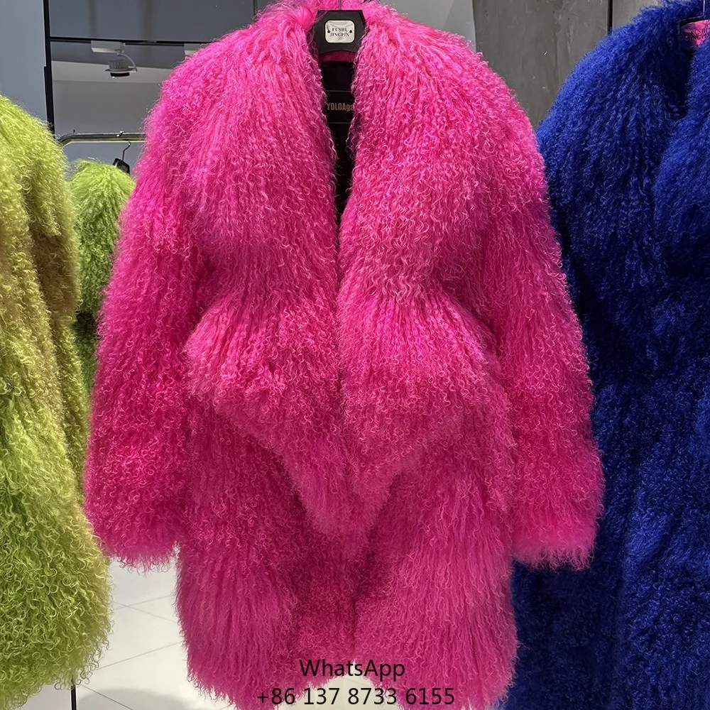 

Зимнее теплое пальто 2025 с большим меховым воротником, пушистое, из овечьего меха, длинное, ярко-розовое, монгольское женское меховое пальто
