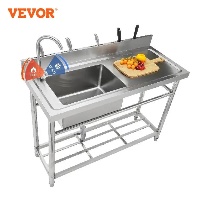 

VEVOR Free Standing Stainless-Steel Single Bowl Commercial Restaurant Kitchen Sink Set w/Faucet & Drainboard Utility Sink