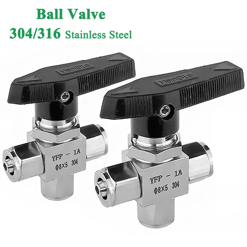 Ball Valve 304 316 Stainless Steel YFP-1A Bore 6 8 10 12mm-4 5 6 8 10mm 3 Way PTFE PU Tube Air Hose Quick Tightening Lock Nut